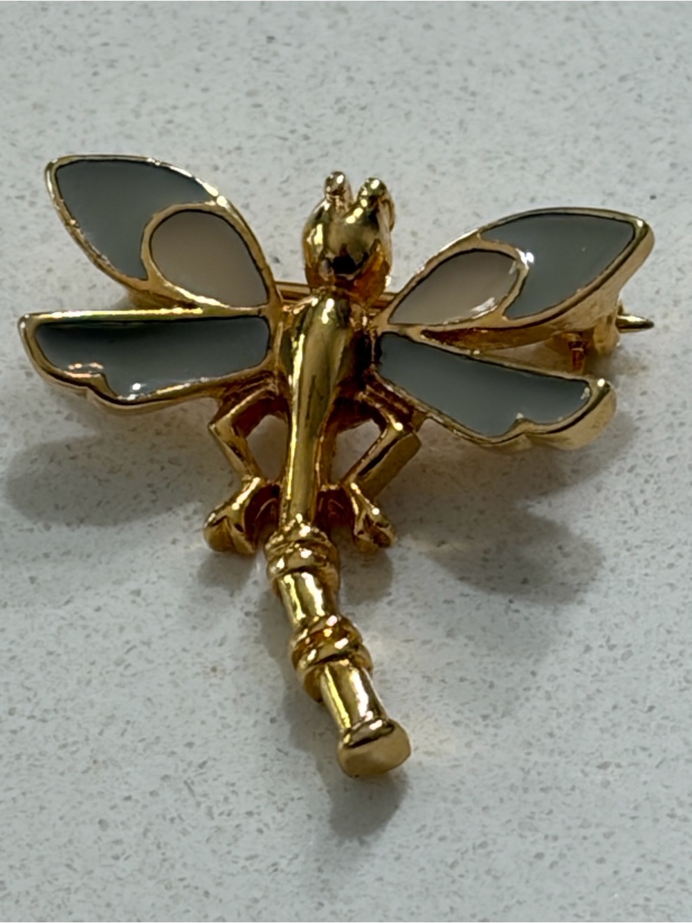 Gold Dragonfly Brooch with Gray Enamel Wings - Women Jewelry Brooch